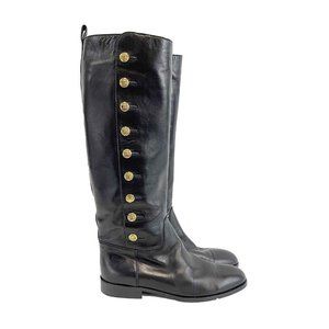 CHANEL - VINTAGE 9 CC Gold Buttons Black and Gold Leather Boots - 37 US 6.5